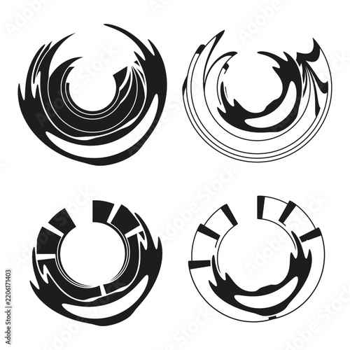 Circular brush stroke paint swoosh logo set with black vector icon