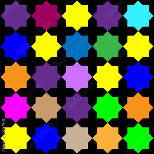 Geometric star cross mosaic tile pattern with colorful vector background