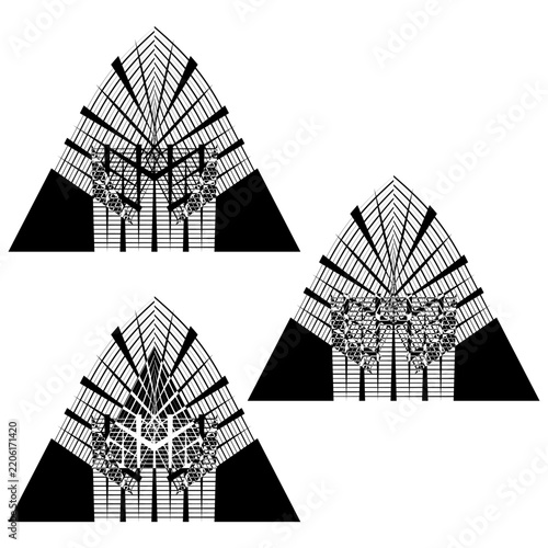 Triangle geometry grid pyramid structure set with black vector shape