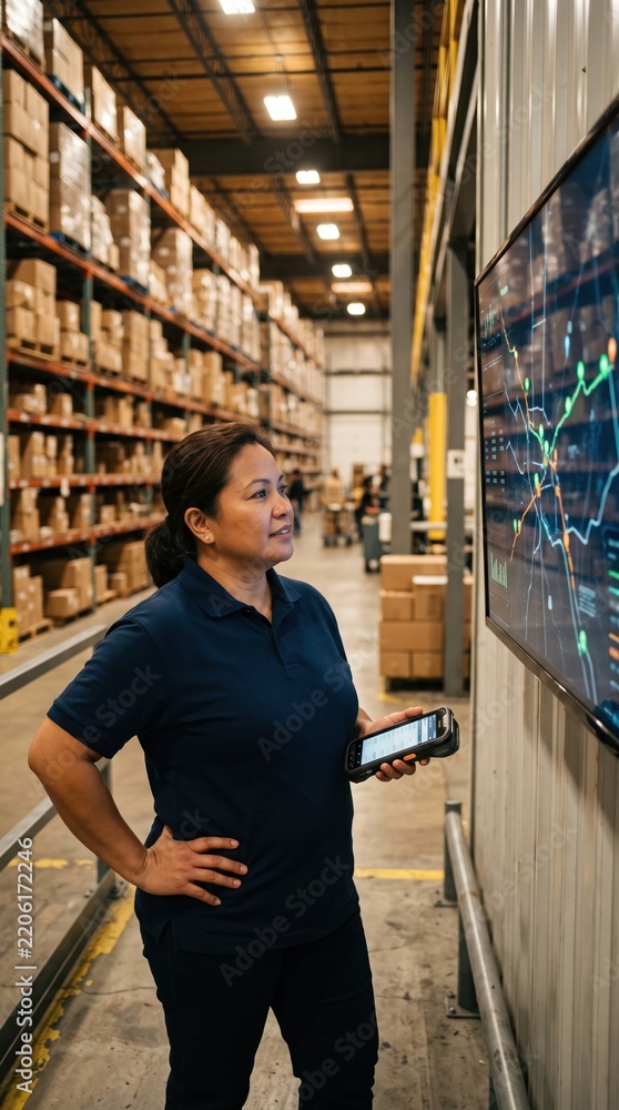 Fototapeta premium Artificial general intelligence era warehouse supervisor examining live inventory supply chain map on digital wall screen while holding handheld scanner in logistics hub facility.