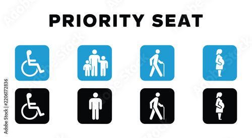 Priority Seat Signage: A clear and informative visual guide displaying icons for priority seating, indicating designated spots for the elderly, pregnant women, disabled individuals.