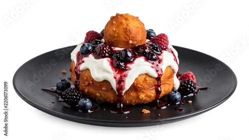 Papanasi Romanian Fried Doughnut with Sour Cream Berry Jam on Plate