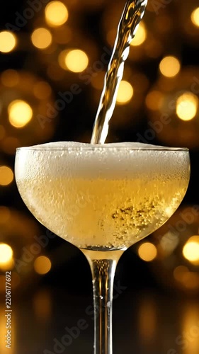 Champagne Pouring Into Elegant Glasses, Creating a Celebratory Golden Cascade Against Bokeh Lights. with Sparkling Wine