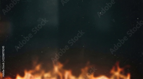 Blurred orange flames at the bottom of a dark, textured surface