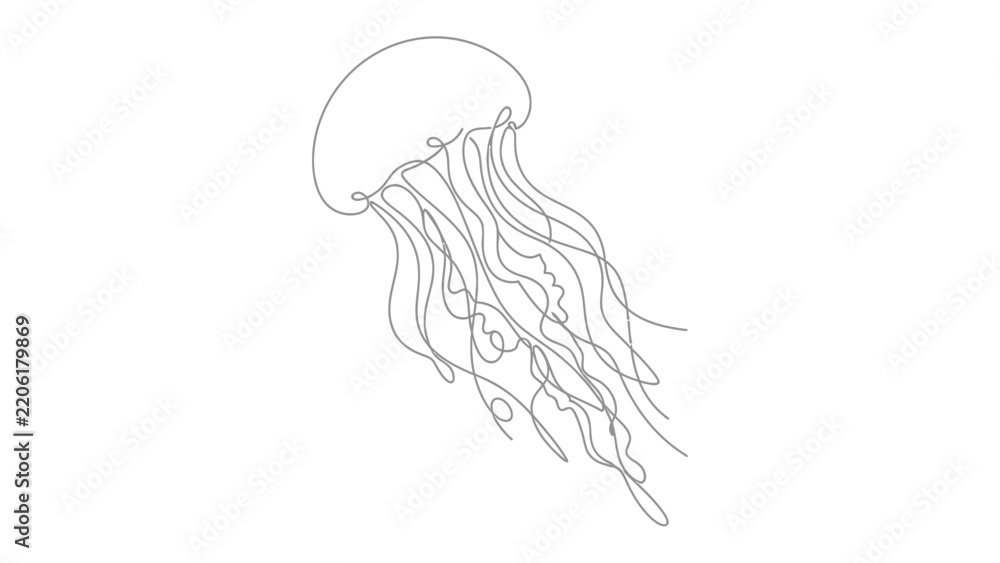 Fototapeta premium Minimalist Jellyfish Illustration: A graceful, single-line illustration of a jellyfish with flowing tentacles, capturing its ethereal beauty in a simple yet elegant design.