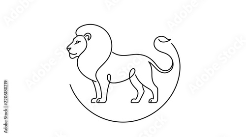 Line drawing of lion standing inside circular boundary with simple circular