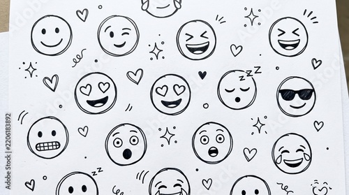 Hand drawn doodle style emoji set with various facial expressions on paper