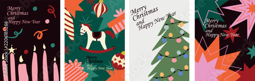 A set of Christmas and New Year card designs in a modern flat style. Features candles, Christmas trees, ornaments, and festive winter symbols. Cool illustration.