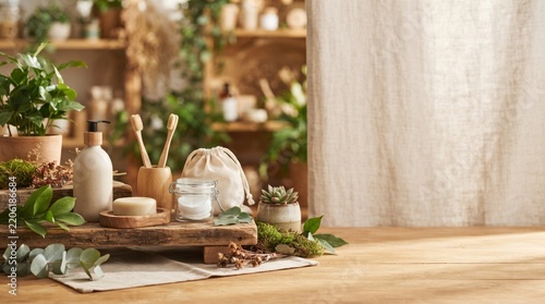 Natural Eco Friendly Bathroom Accessories on Wooden Table With Plants