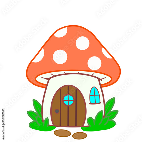 Fotografie Cute red mushroom house with wooden door and window vector illustration isolated on white background