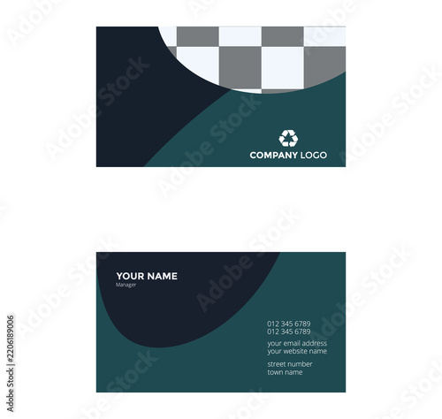 Modern professional business card template with dark teal and black curved design contact information corporate identity