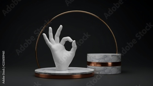 Minimalist composition featuring a white mannequin hand giving the ok gesture on a marble podium against a dark background