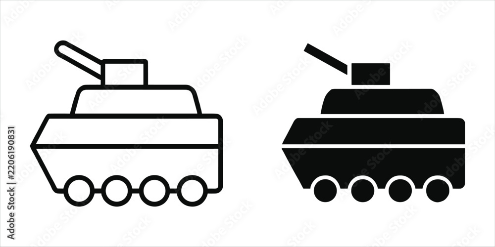 Obraz premium Military tank vehicle in two styles, one black outline and one solid black silhouette, isolated on a white background, for war themes