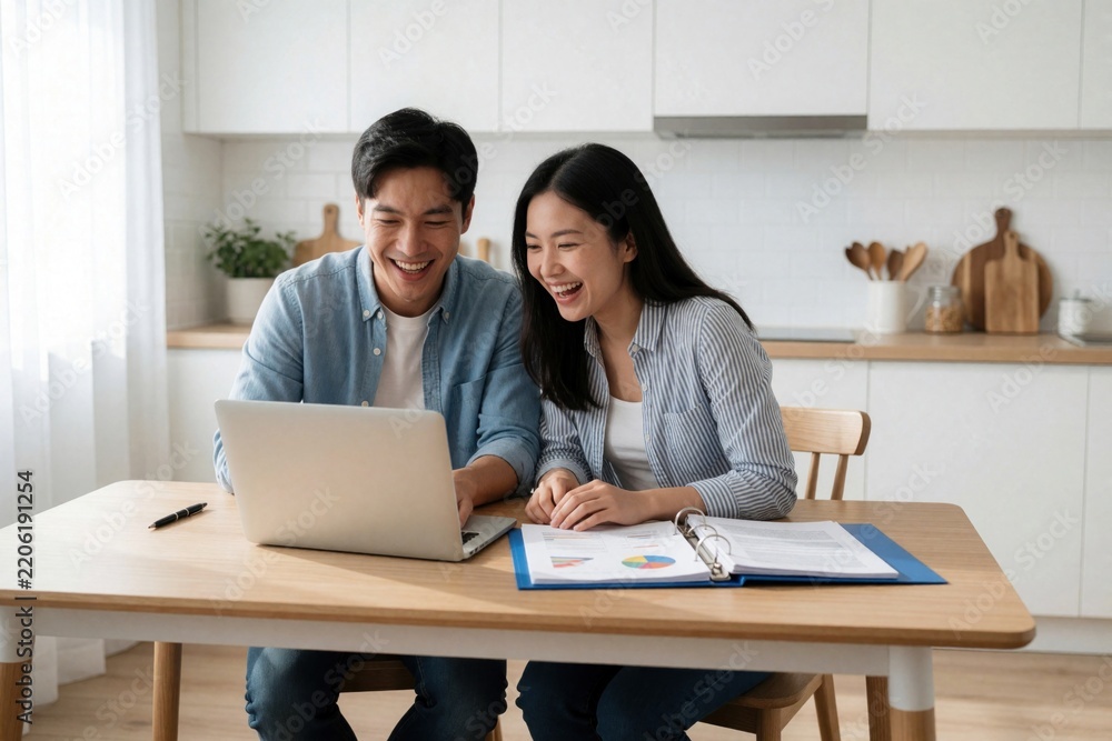 Obraz premium Happy Asian couple works together using laptop at kitchen table. Young man, woman laugh looking at screen. Study online course manage small business from home with documents, charts on wooden desk.