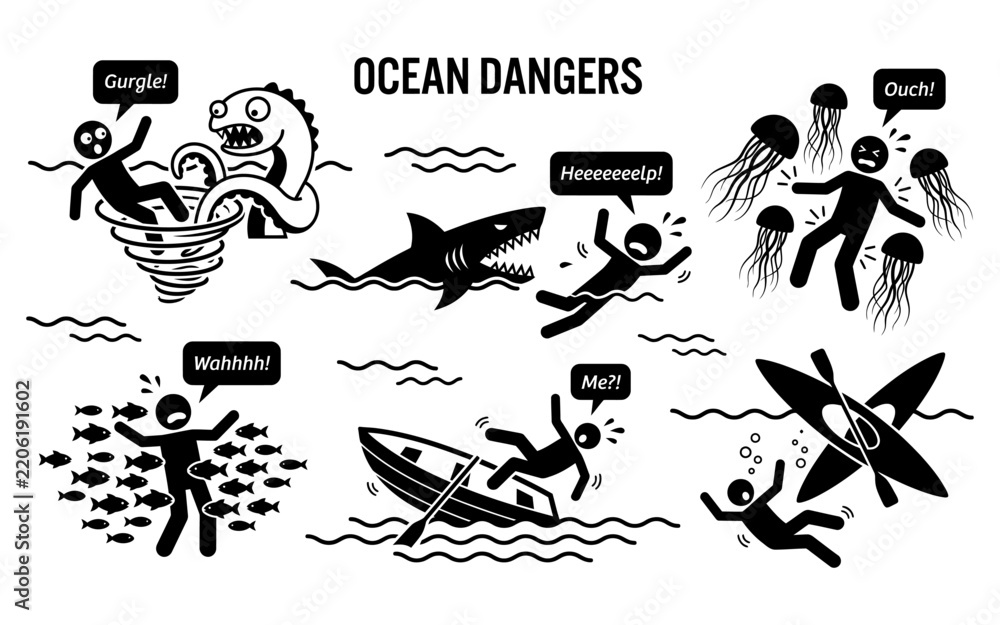 Fototapeta premium Set of ocean danger icons with black silhouettes for swimming risks and maritime hazard warning graphics design.