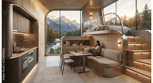 Cozy Modern Living Room Interior Featuring Large Panoramic Windows with Scenic Mountain View and Elegant Furniture