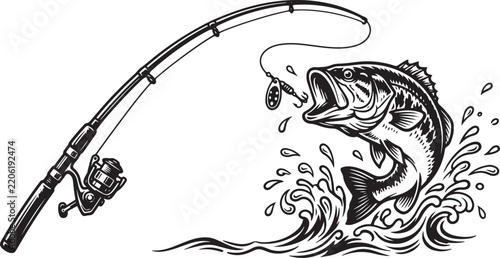 Fishing Rod Jumping Bass Fish Illustration
