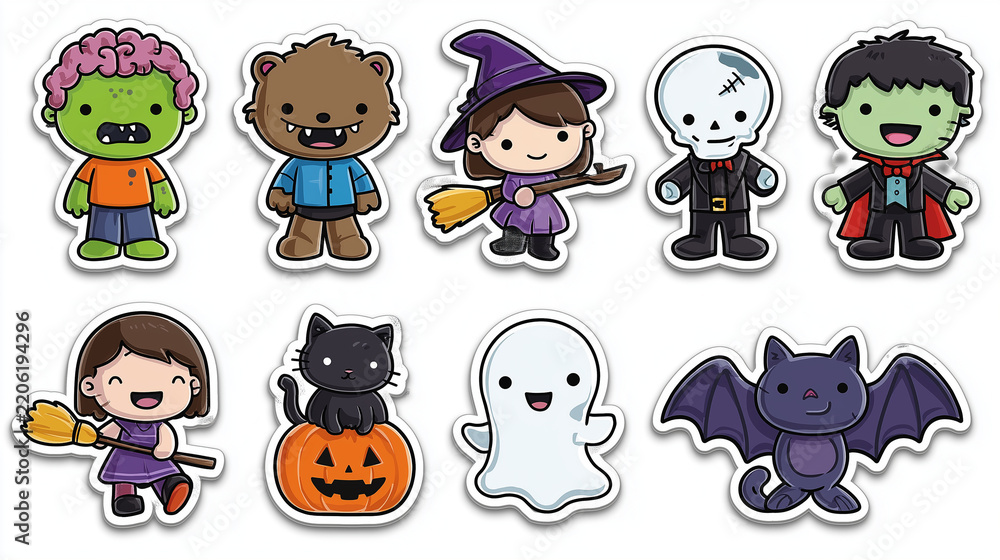 Fototapeta premium Cute Halloween Character Sticker Collection with Witch, Vampire, Ghost, Bat and Black Cat, Spooky Cartoon Vector Illustration