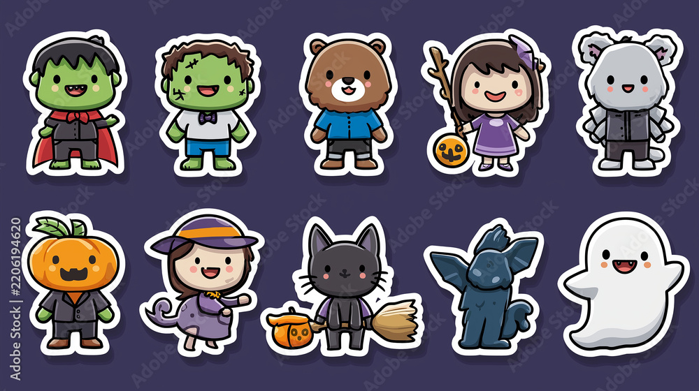 Obraz premium Cute Halloween Character Sticker Collection with Witch, Vampire, Ghost, Bat and Black Cat, Spooky Cartoon Vector Illustration