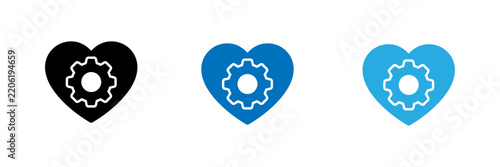 Set of three heart icons with simple gear design in different colors