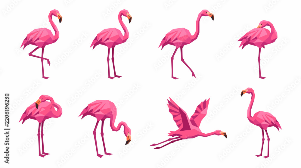 Fototapeta premium A collection of eight vibrant pink flamingos depicted in various poses, including standing, preening, and flying, against a clean white background.