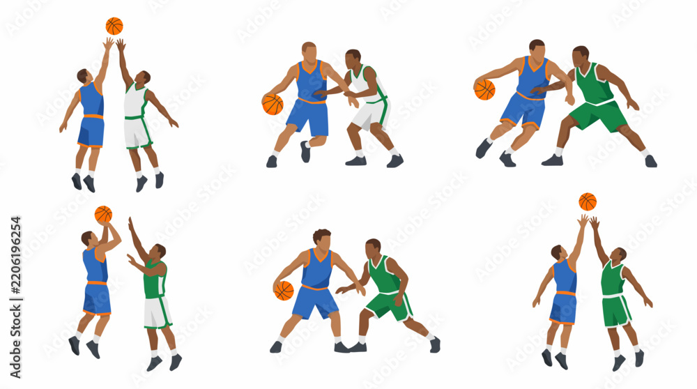 Fototapeta premium Six illustrations depicting various basketball actions between two players in blue and green uniforms.