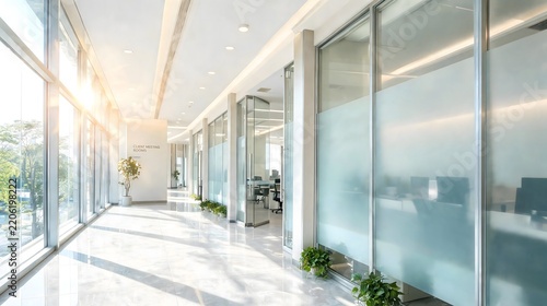 Modern corporate office hallway with bright sunlight streaming through tall glass windows and glass doors