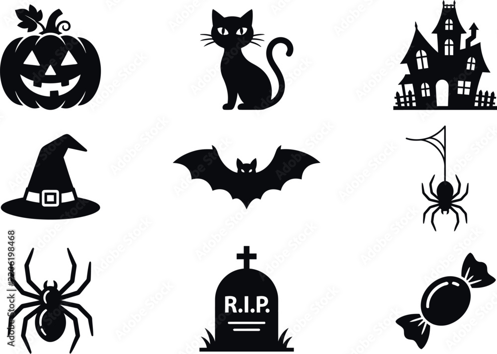 Fototapeta premium Set of black silhouette icons for halloween celebration featuring spooky characters and traditional festive items