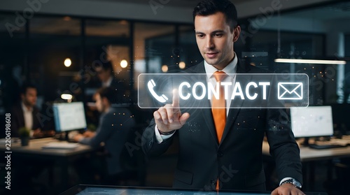 Businessman Tapping Contact Icon Interface for Digital Communication and Support
