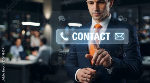 Businessman Tapping Contact Icon Interface for Digital Communication and Support