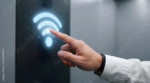  Finger Tapping Glowing Wireless Signal Icon on Futuristic Touchscreen Display
