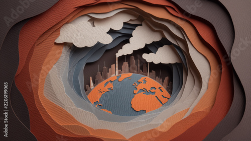 Paper Art Earth with Air Pollution, Factory Smoke and City Industry, Stop Global Warming Concept, Environmental Vector Illustration