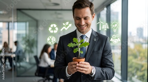 Professional holding small plant in modern office with sustainability icons overlay