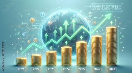 Market optimism and global prosperity trends with stacked coins and growth chart