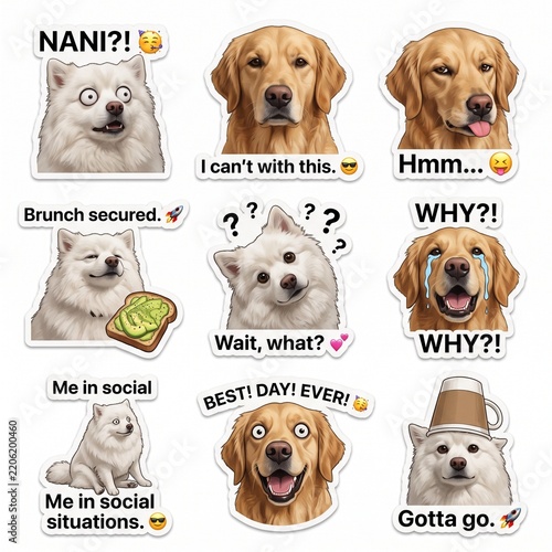 Set of funny dog stickers with expressive faces and humorous text captions