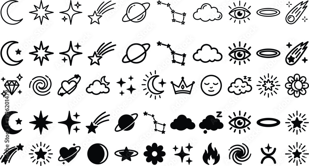 Obraz premium Dreamy Black Celestial Doodle Icon Collection with Moons, Stars, Sparkles, Cosmic Hearts, Orbit Symbols and Magical Emotion Elements Crafted in Three Distinct Modern Vector Styles