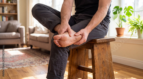 Man massaging sore foot while sitting on wooden stool at home