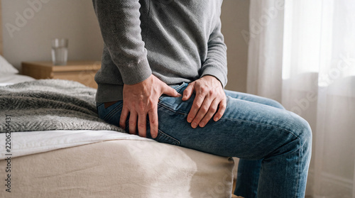 Man sitting on bed holding his hip in pain experiencing joint ache