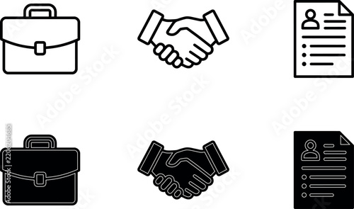 Business Icons Set Featuring Briefcase Handshake And Document Flat Vector Illustration