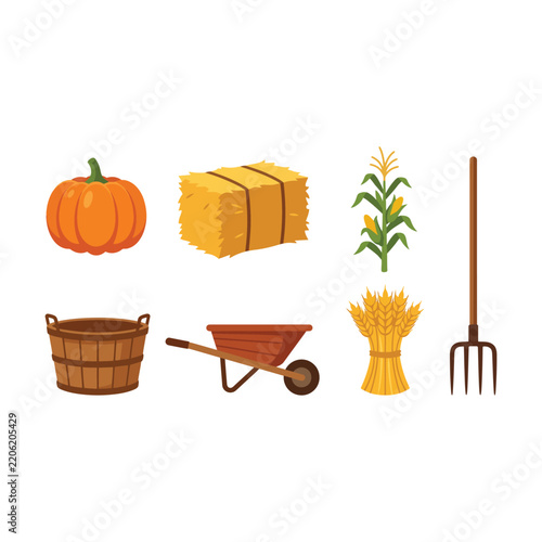 Set of cute farm icons featuring a pumpkin, hay bale, corn stalk, basket, wheelbarrow and pitchfork