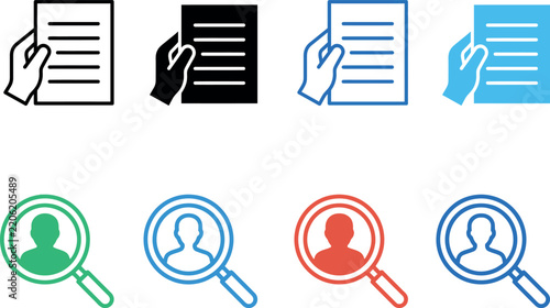 Four document review icons and four user search icons in various colors on a white background