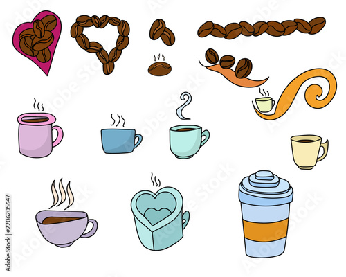 set of hand drawn coffee cups, coffee beans and heart shaped elements, cozy doodle collection vector illustration