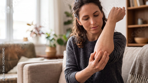 Woman sitting on a sofa rubbing her painful elbow joint indoors