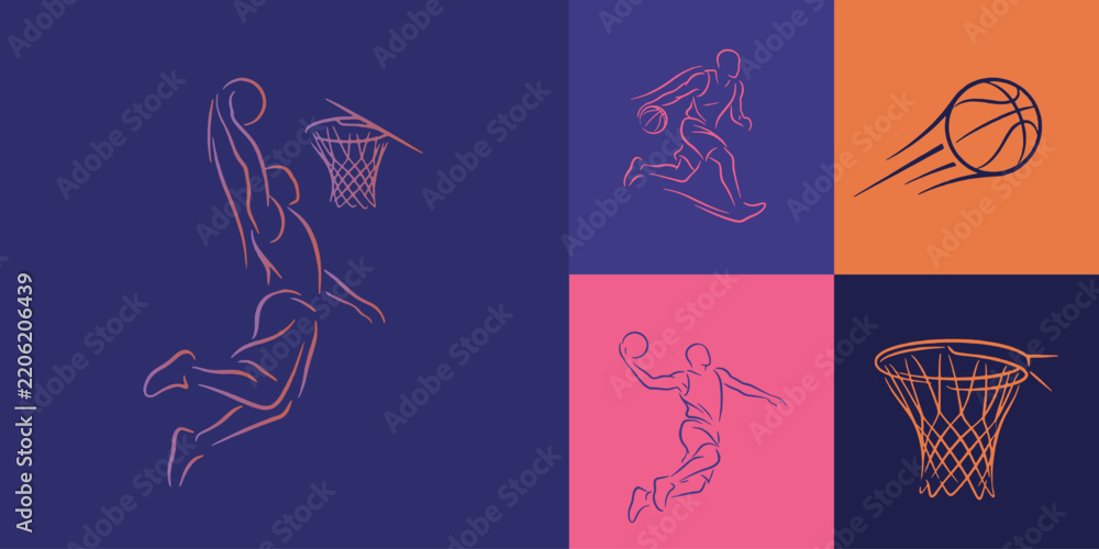 Obraz premium Dynamic Line Art Illustrations of Basketball Players in Action and a Hoop.