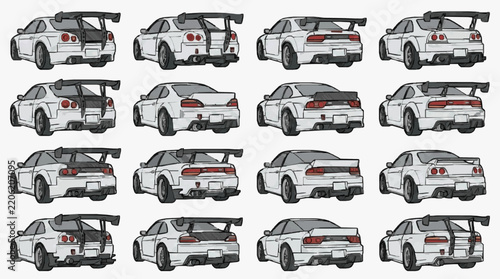 Collection of JDM Tuned Cars Sketch Illustrations with Racing Spoilers
