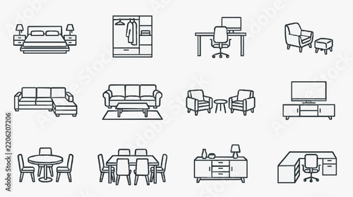 Collection of Minimalist Furniture Icons for Interior Design and Home Planning