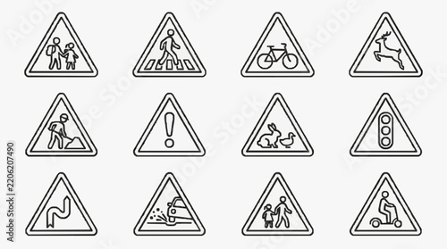 Collection of Pedestrian and Road Safety Warning Sign Icons in Triangular