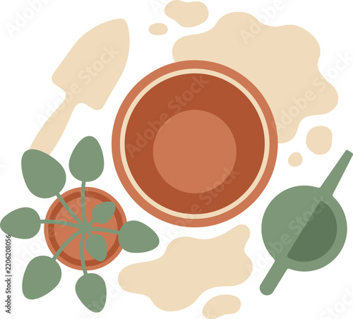 Gardening tools repotting flat lay top view pastel vector illustration