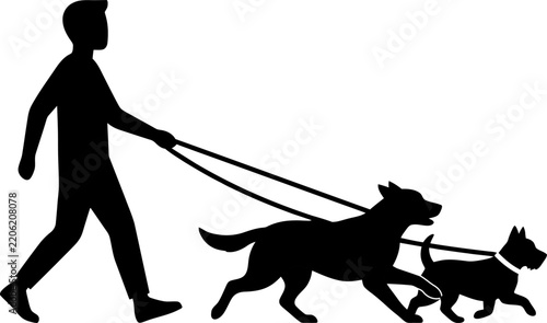 Dog walker silhouette person walking two dogs on leash vector graphic