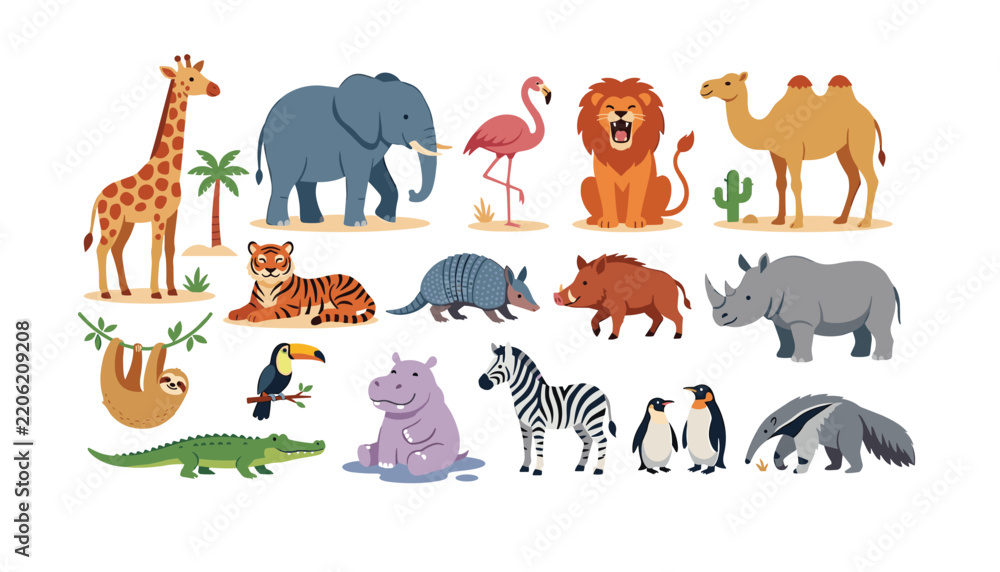 Obraz premium Cute wild animals cartoon character sticker set featuring safari zoo and jungle wildlife icons collection on white background